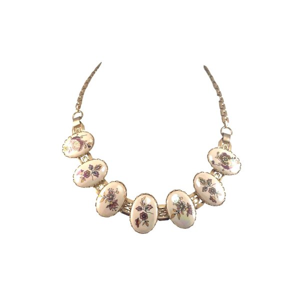 Floral Hand Painted Irredescent Porcelain Panel Necklace With Gold-Tone Chain - Picture 1 of 8